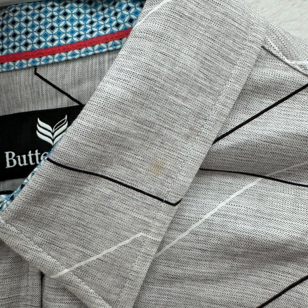 Butter Cloth Shirt Men L Gray Geometric Regular Fit Stretch Button Up - Picture 5 of 9